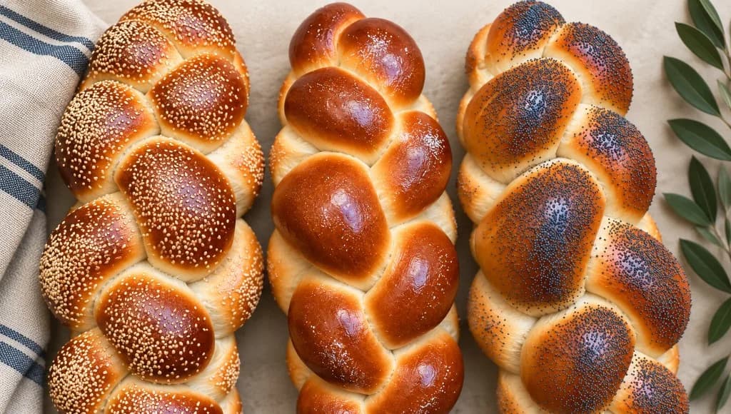 Three hand-braided challahs — sesame, plain, and poppy seed — Loaves by Gerard